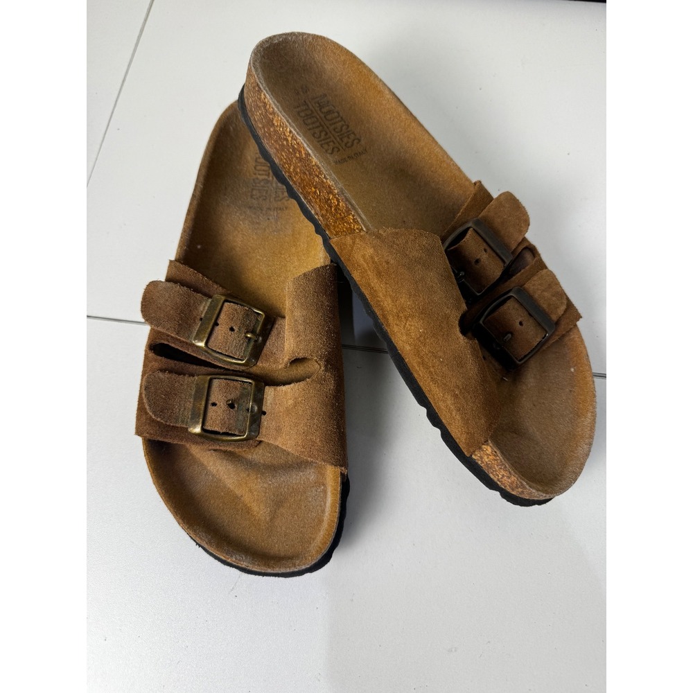 Mootsies Tootsies Sandals Womens 9 Brown Suede Double Buckle Slide Cork Boho